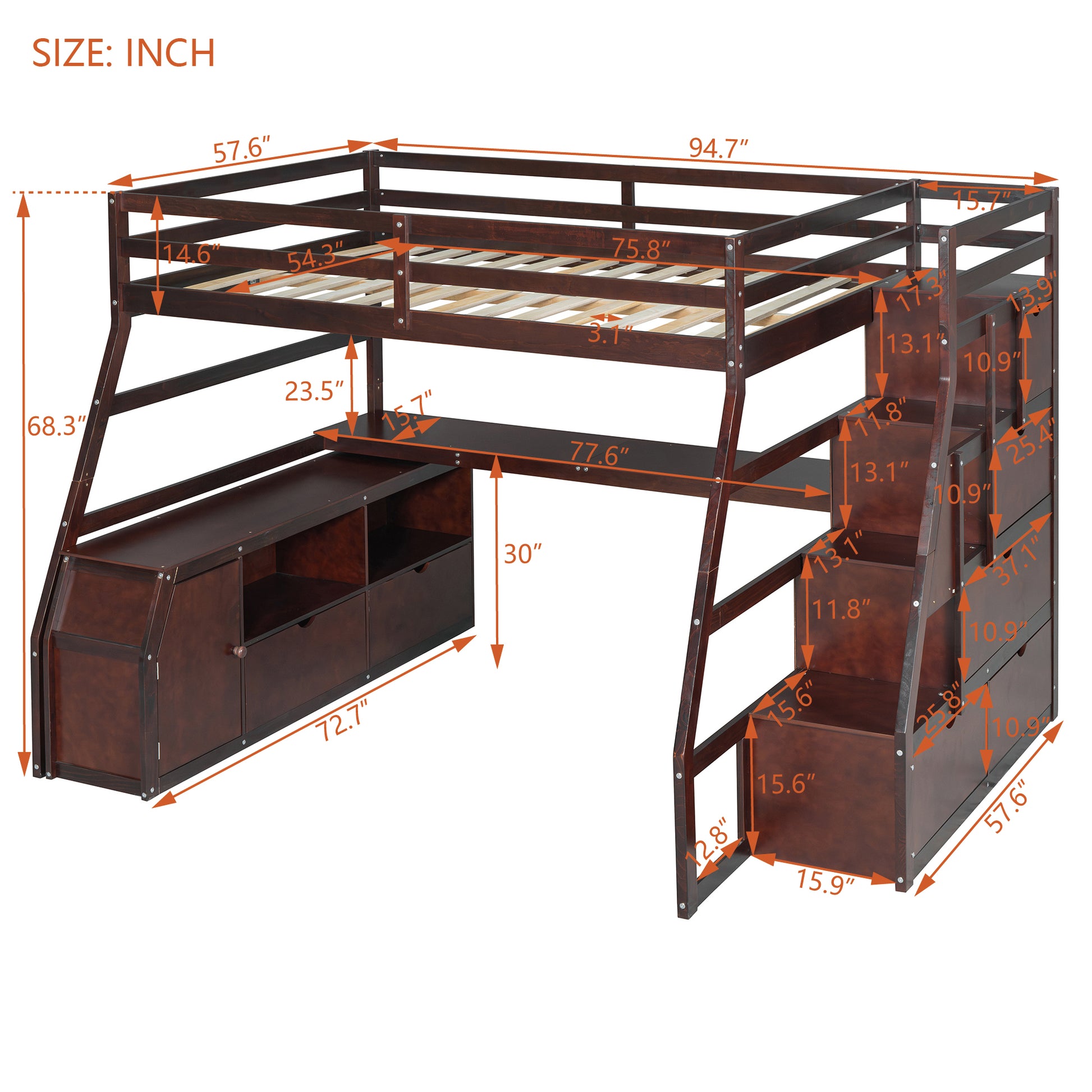 Full Size Loft Bed With 7 Drawers 2 Shelves And Desk Espresso Full Espresso Plywood
