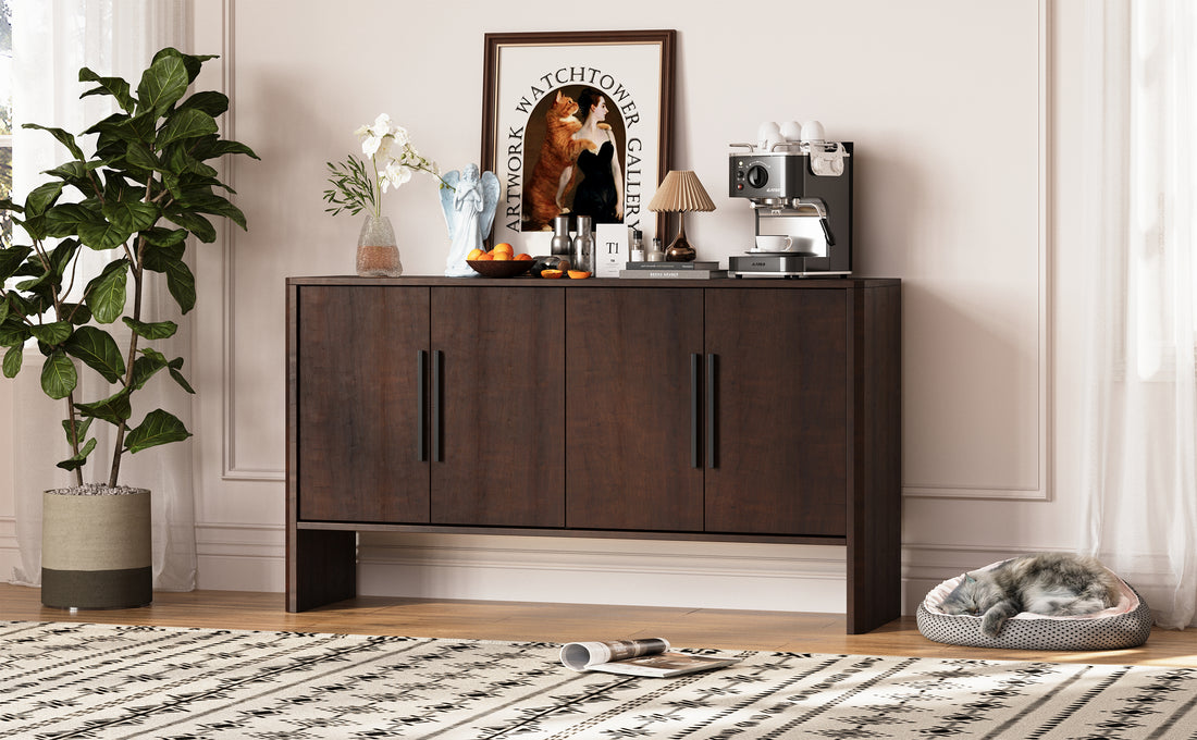 4 Door Large Storage Retro Sideboard With Adjustable Shelves And Long Handles For Kitchen, Dining Room And Living Room Espresso Espresso Mdf