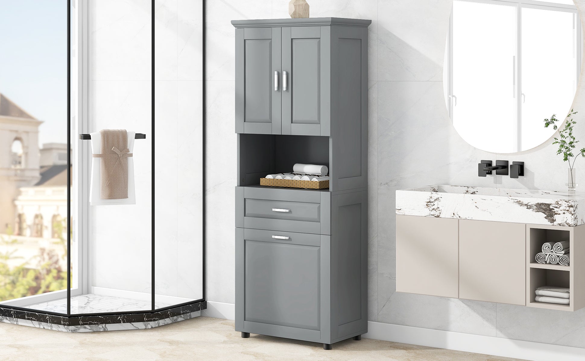 Tall Bathroom Cabinet With Laundry Basket, Large Storage Space Tilt Out Laundry Hamper And Upper Storage Cabinet, Grey Grey Mdf