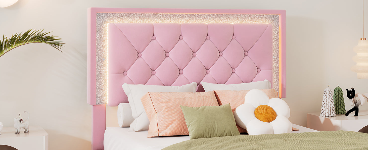 Twin Size Upholstered Bed Frame With Led Lights,Modern Velvet Platform Bed With Tufted Headboard,Pink Twin Pink Velvet