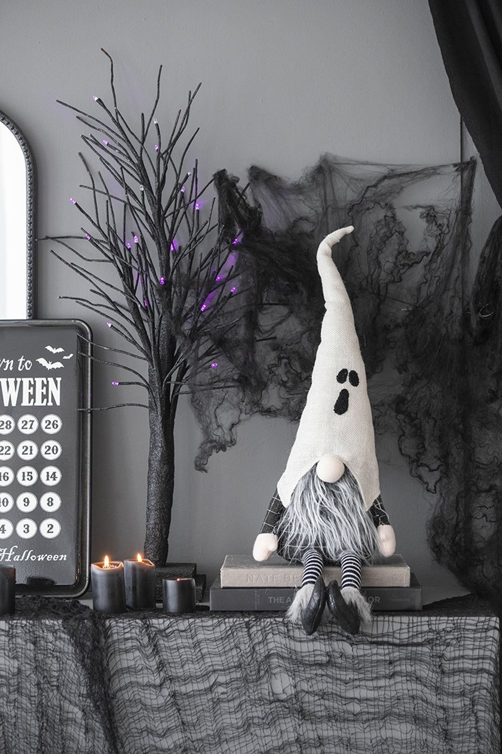 8.3X4X31.5" Fabric Sitting Gnome W White Ghost Hat, For Halloween Decor Black White Polyester