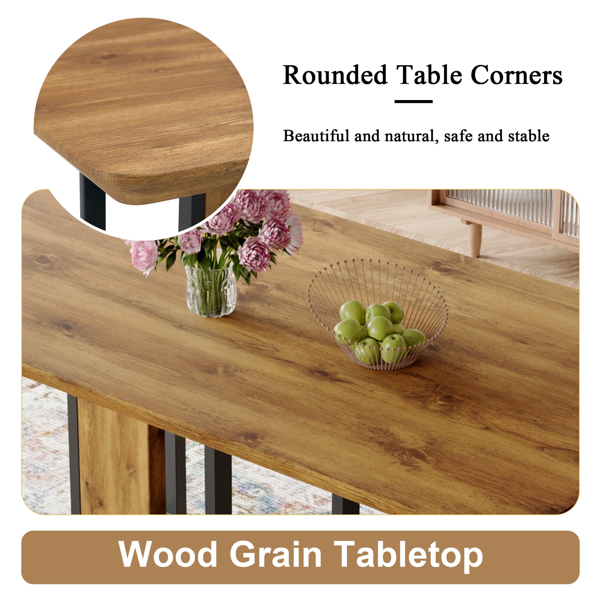 Table And Chair Set.67"X36" Wood Textured Mdf Dining Table Set With 4 Brown Fabric Chairs.Mdf Sticker,Wood Colored Texture Sticker,Black C Tube Dining Chair Legs,Suitable For Kitchen,Dining