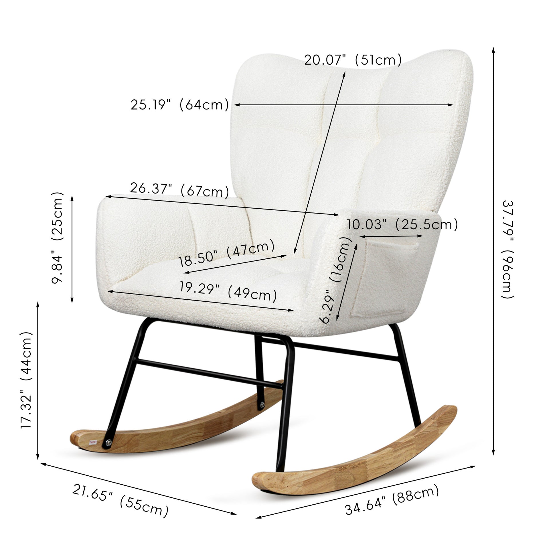 Teddy Fabric Rocking Chair, Upholstered Rocker Armchair With High Backrest, Modern Rocking Accent Chair For Nursery, Living Room, Bedroom, White Metal White Light Brown Bedroom Foam Wipe Clean Modern Rocking Chairs Rubberwood Tufted Back Foam Fabric