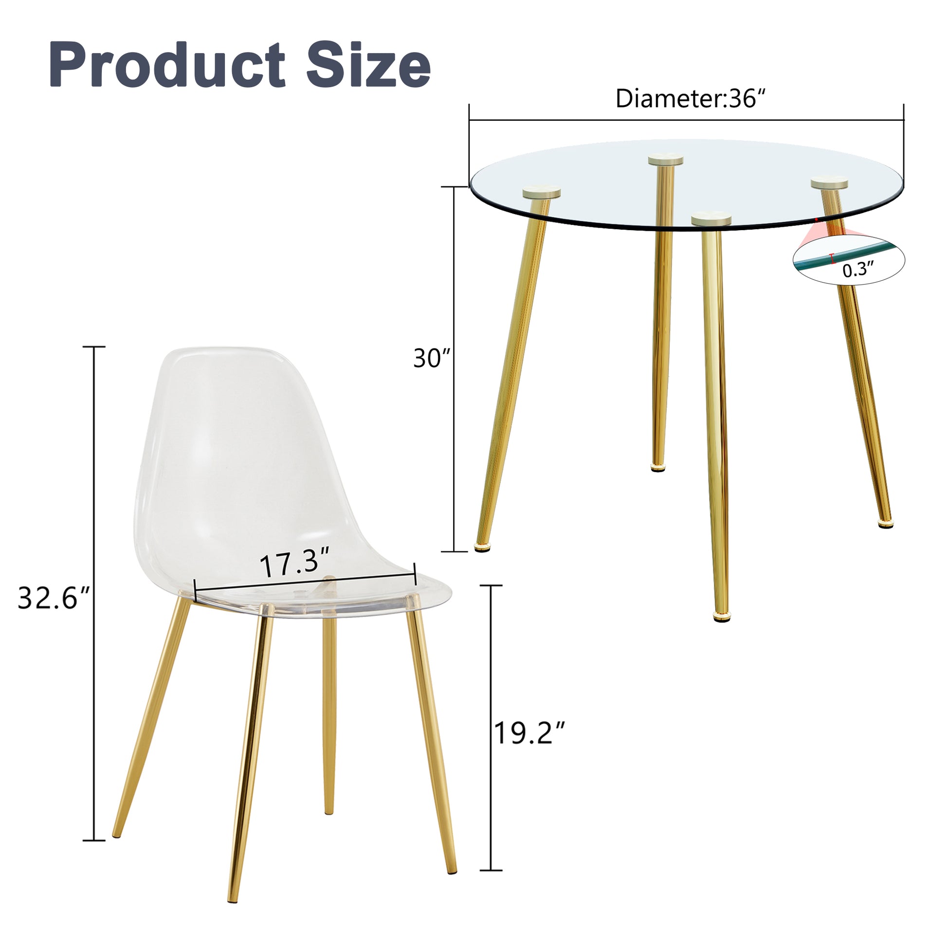 A Modern Minimalist Style Round Transparent Tempered Glass Table With Gold Metal Legs,Paired With 4 Modern Style Transparent Dining Chairs For A Luxurious Experience. Transparent Seats 4 Glass