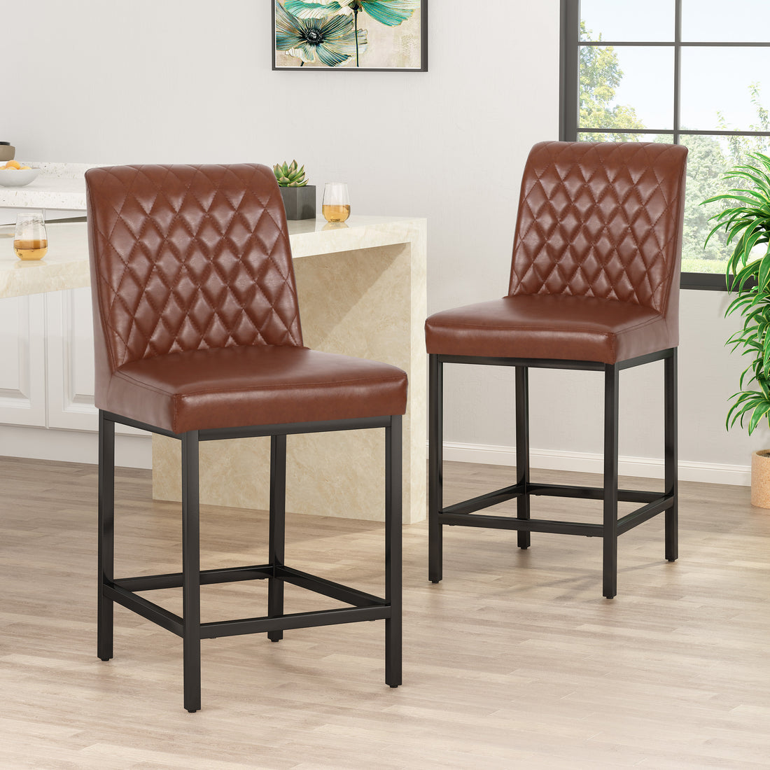 Counter Stool Set Of 2 Light Brown Pu