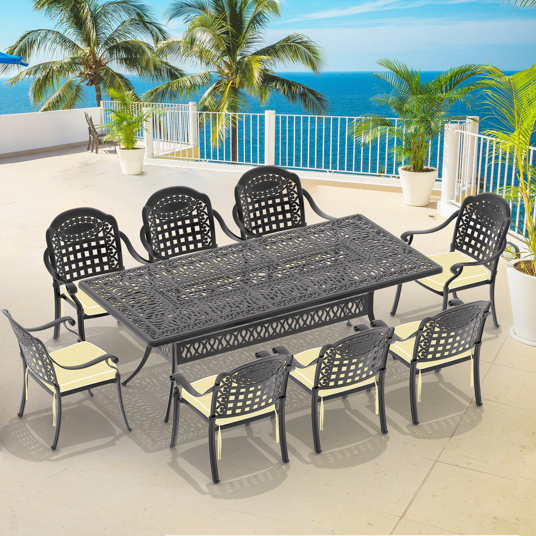Cushions In Random Colors 9 Piece Set Of Cast Aluminum Patio Furniture With Cushions Yes Dining Set Black Seats 8 Rust Resistant Frame Water Resistant Cushion Garden & Outdoor Complete Patio Sets Aluminium