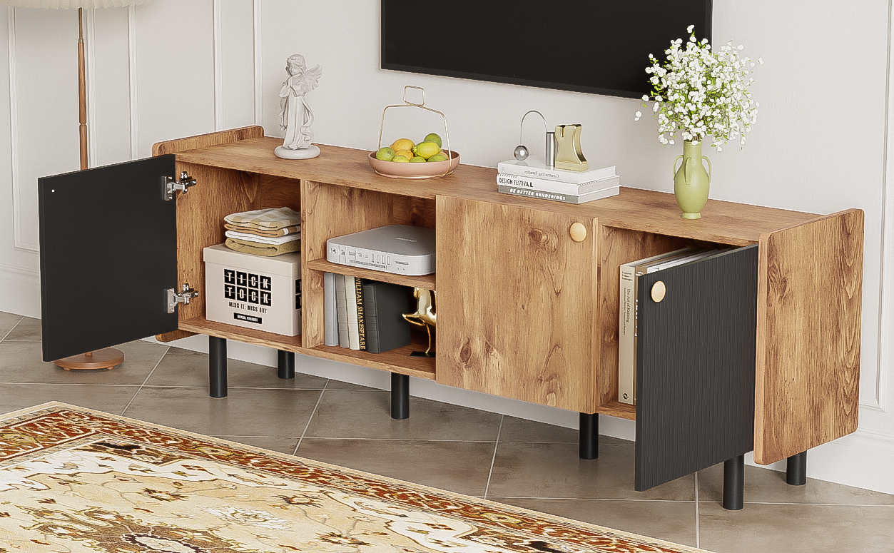 Mid Century Tv Stand With 3 Cabinets, Media Console Table For Tvs Up To 70'', Entertainment Center With Storage For Living Room, Bedroom, Home Theatre Black Brown Primary Living Space 60 69 Inches