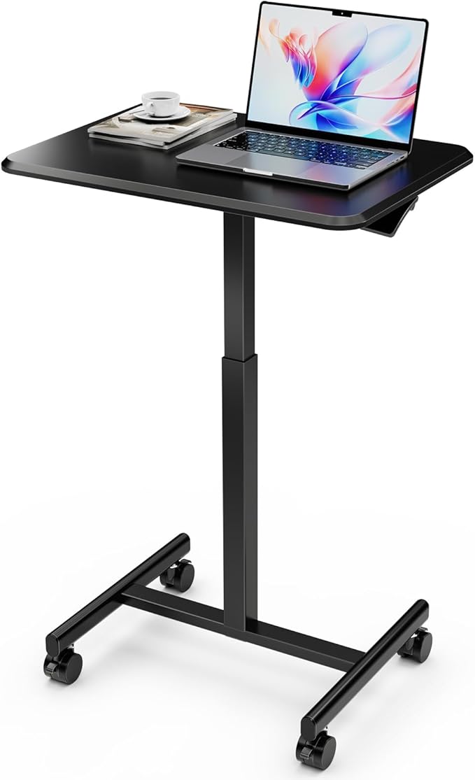 Standing Desk Small Rolling Desk With Lockable Wheels, Mobile Stand Up Desk Adjustable Height, Portable Laptop Desk, Small Computer Standing Table Sit Stand Black Black Metal & Wood