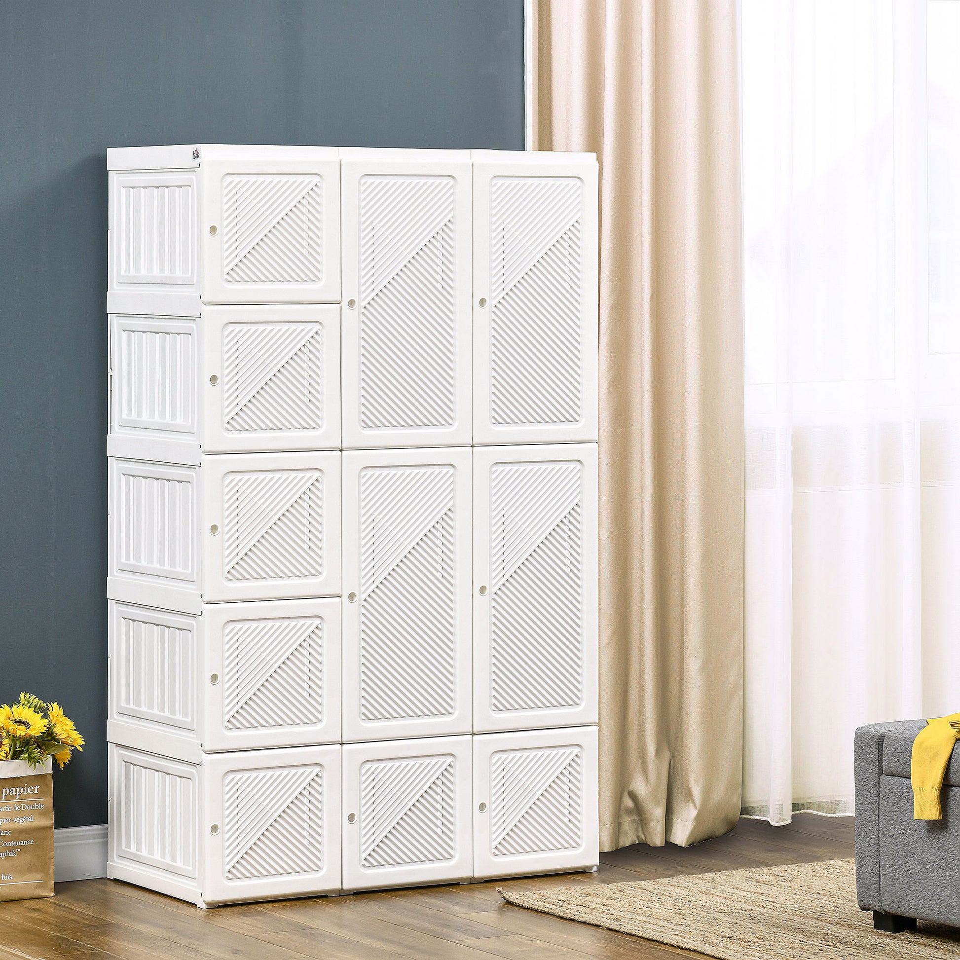 Homcom Portable Wardrobe Closet, Folding Bedroom Armoire, Clothes Storage Organizer With 11 Cube Compartments, Hanging Rod, Magnet Doors, White White Abs