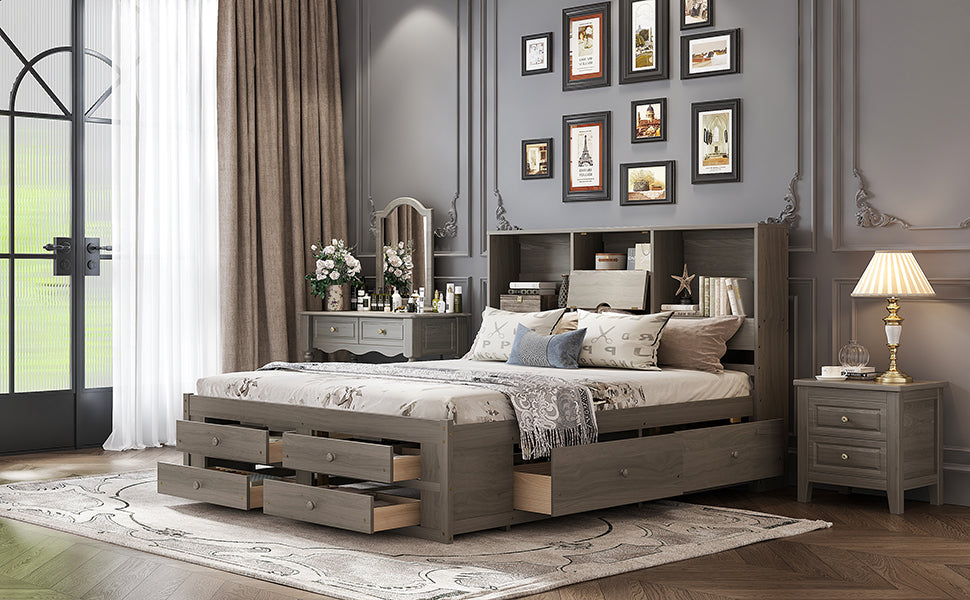 King Size Platform Bed With Storage Headboard And 8 Drawers, Gray Box Spring Not Required King Gray Wood Bedroom Bed Frame Solid Wood Mdf