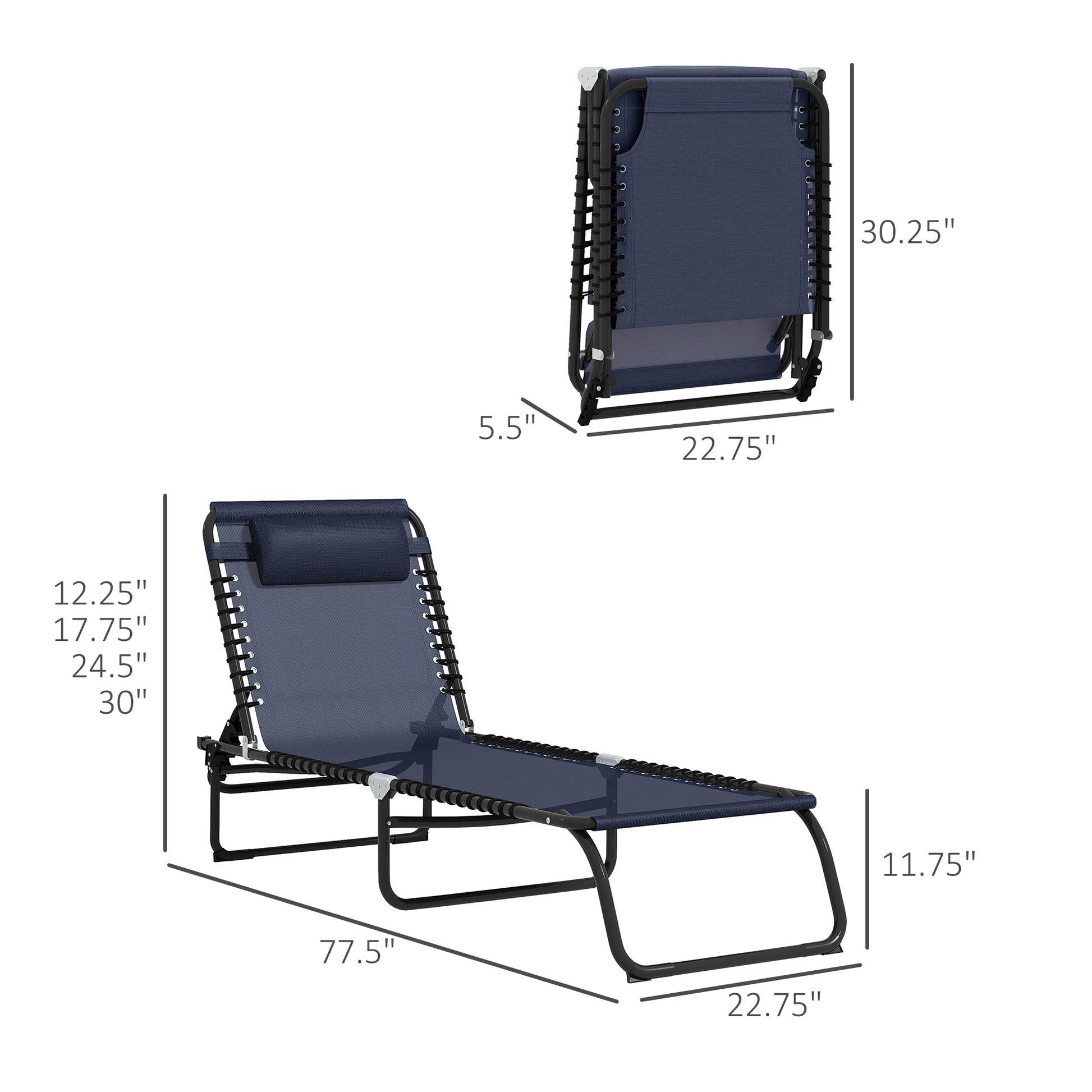Outsunny Folding Chaise Lounge Pool Chair Set Of 2, Patio Sun Tanning Chair, Outdoor Lounge Chair W Reclining Back, Pillow,Mesh & Bungee Seat For Beach, Dark Blue Blue Steel