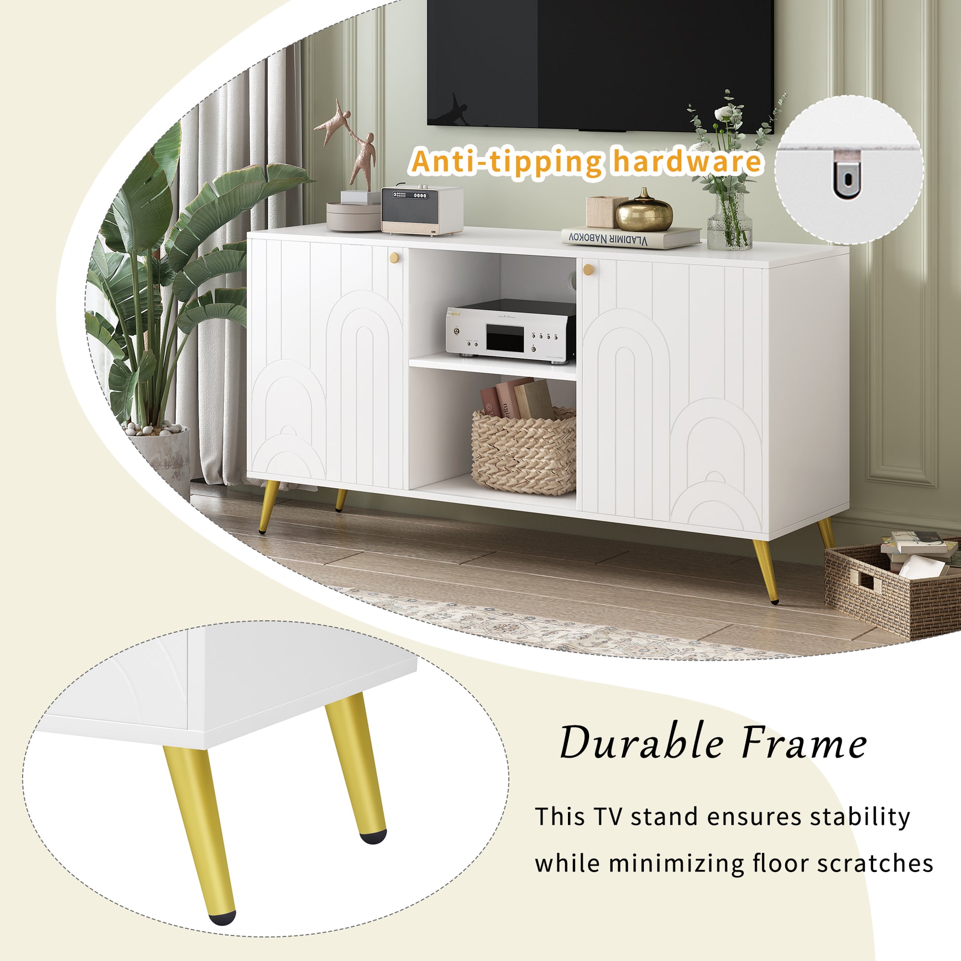 Modern Tv Stand For Tvs Up To 55 Inches, Entertainment Center Media Console,Adjustable Shelf, Metal Legs, Handles And Anti Tip Device For Living Room White 50 59 Inches Mdf