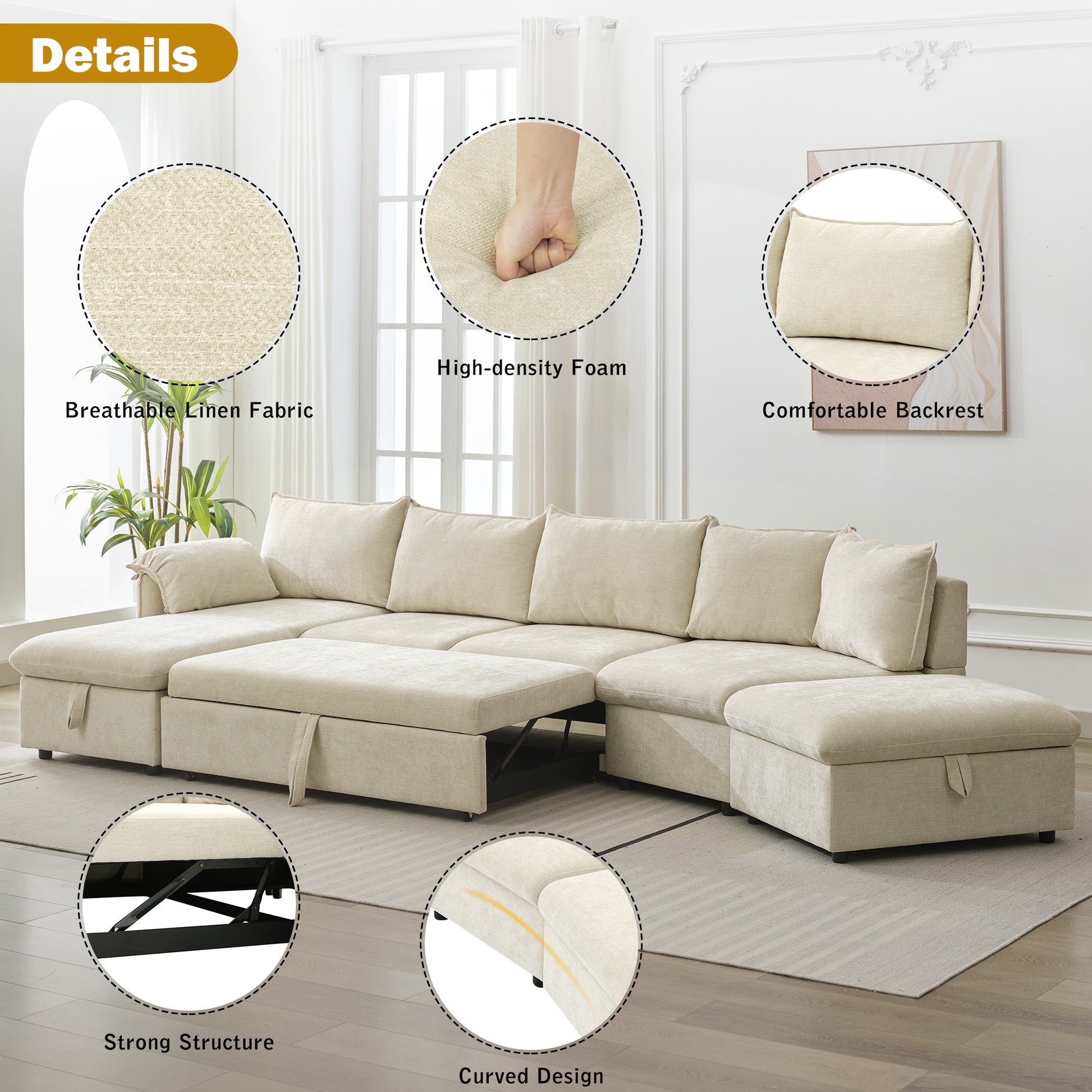 146.9" L Shaped Sofa Sectional Sofa Couch Pull Out Sofa Bed With A Movable Storage Ottoman, A Storage Chaise Lounge And Two Usb Ports For Living Room, Beige Beige Foam Linen 5 Seat