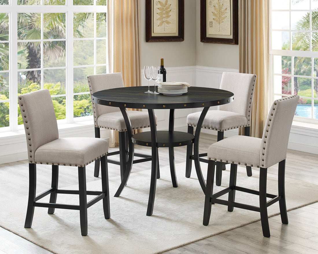 Biony Espresso Wood Counter Height Dining Set With Tan Fabric Stools Wood Brown Tan Seats 4 Metal Fixed Table Round Dining Table With Chair Wood