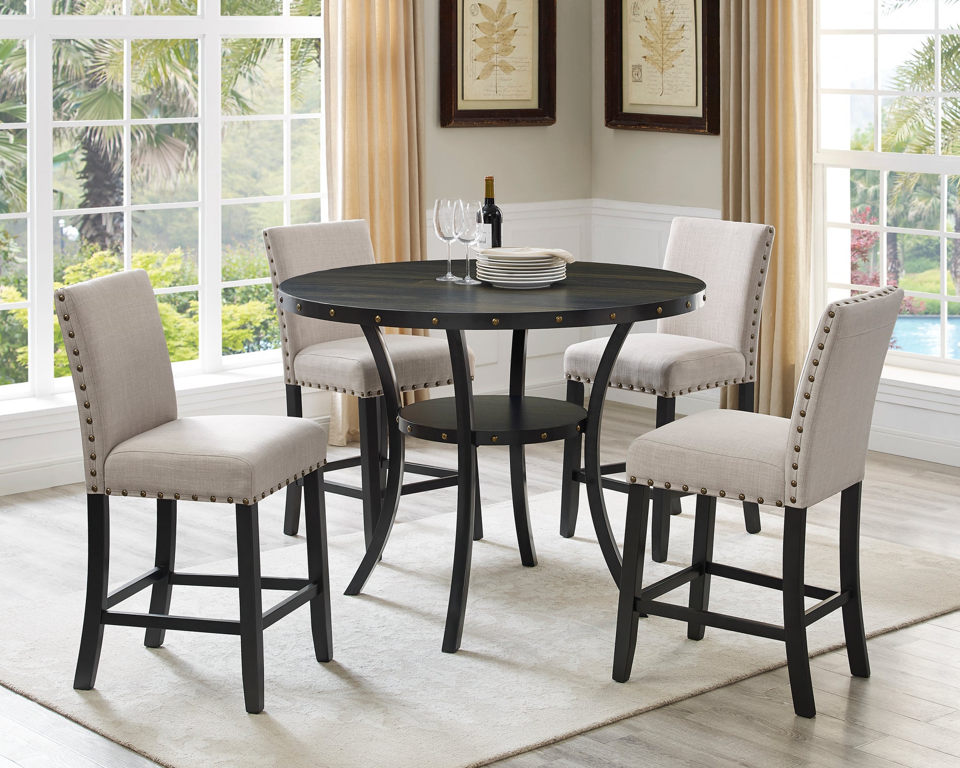Biony Espresso Wood Counter Height Dining Set With Tan Fabric Stools Wood Brown Tan Seats 4 Metal Fixed Table Round Dining Table With Chair Wood