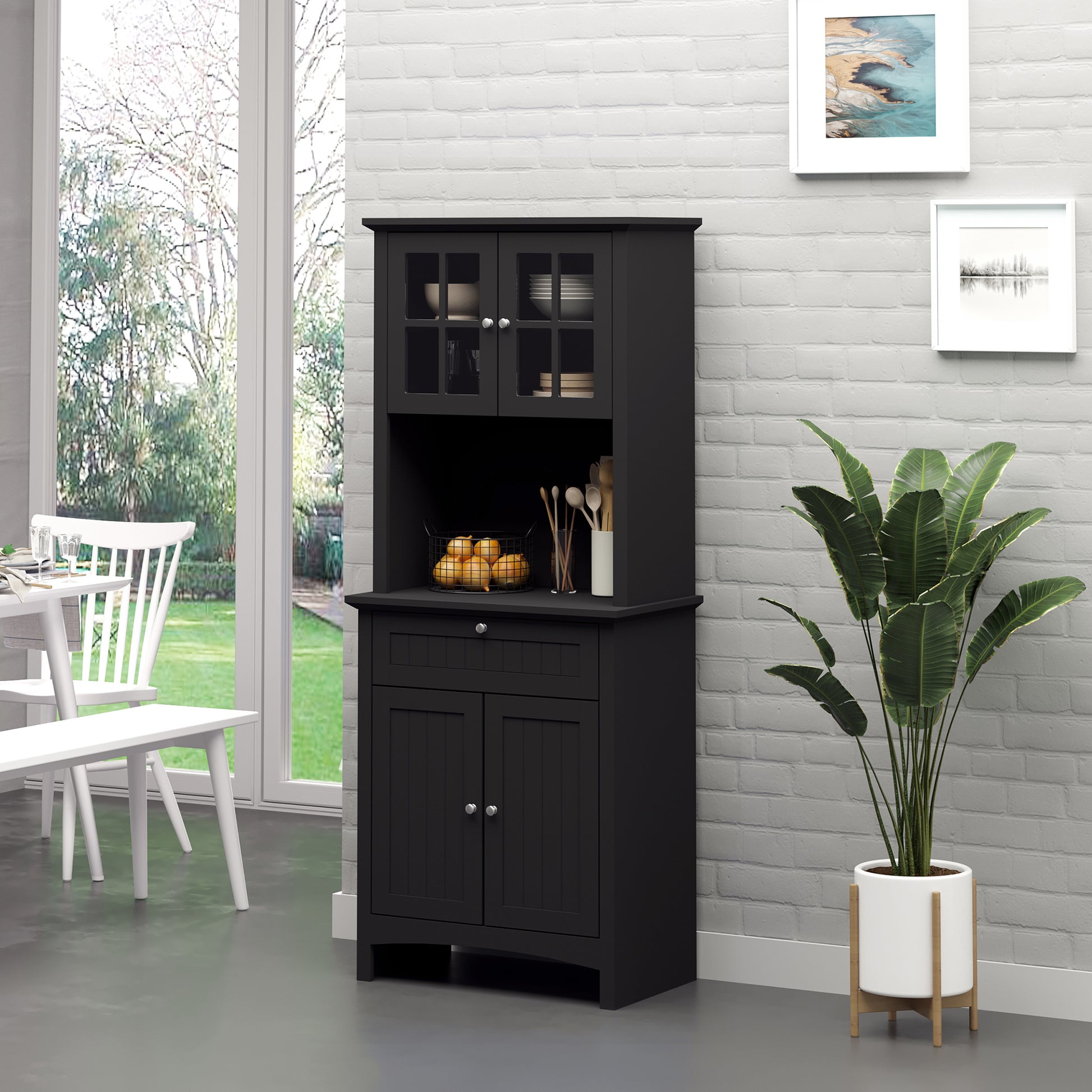 Homcom Elegant Buffet With Hutch, Kitchen Pantry Storage Cabinet With Framed Glass Door Drawer And Microwave Space, Black Black Mdf