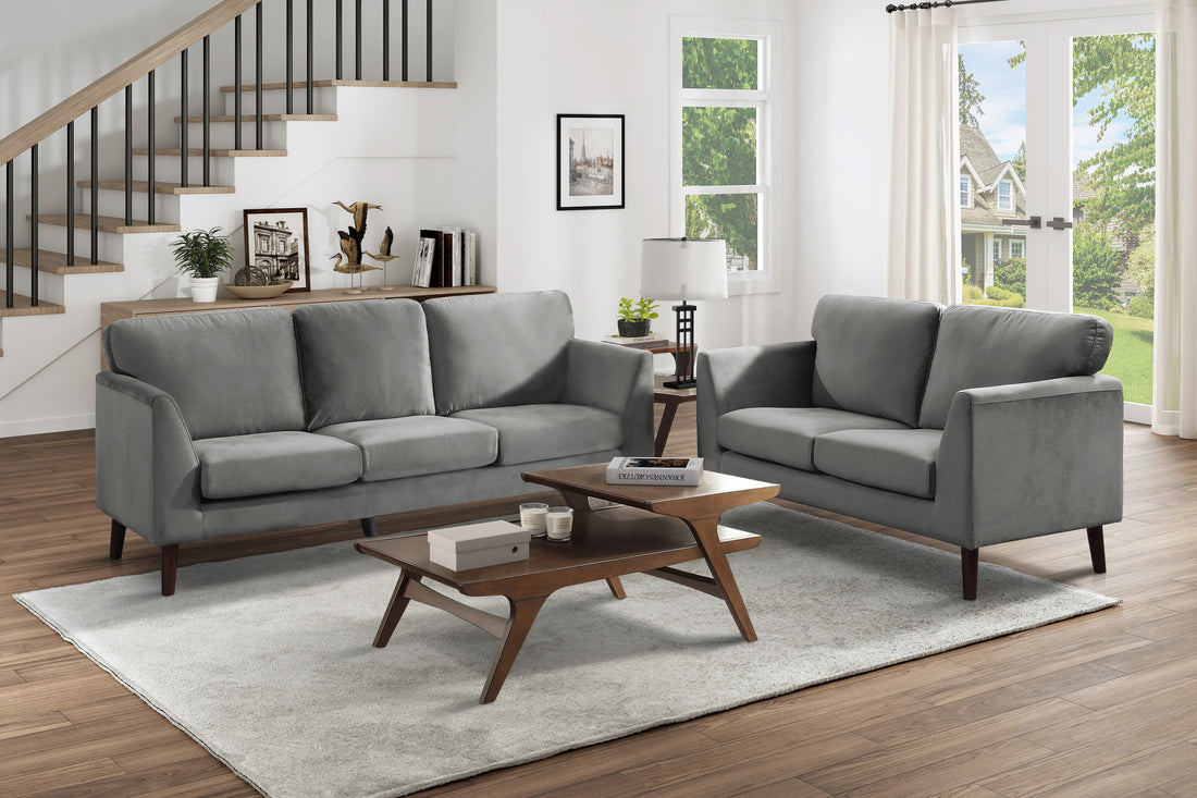 Modern Contemporary 2Pc Sofa Set Gray Sofa Loveseat Velvet Upholstery Dark Brown Legs Solid Wood Living Room Furniture Gray Velvet Wood Primary Living Space Modern Solid Wood 5 Seat