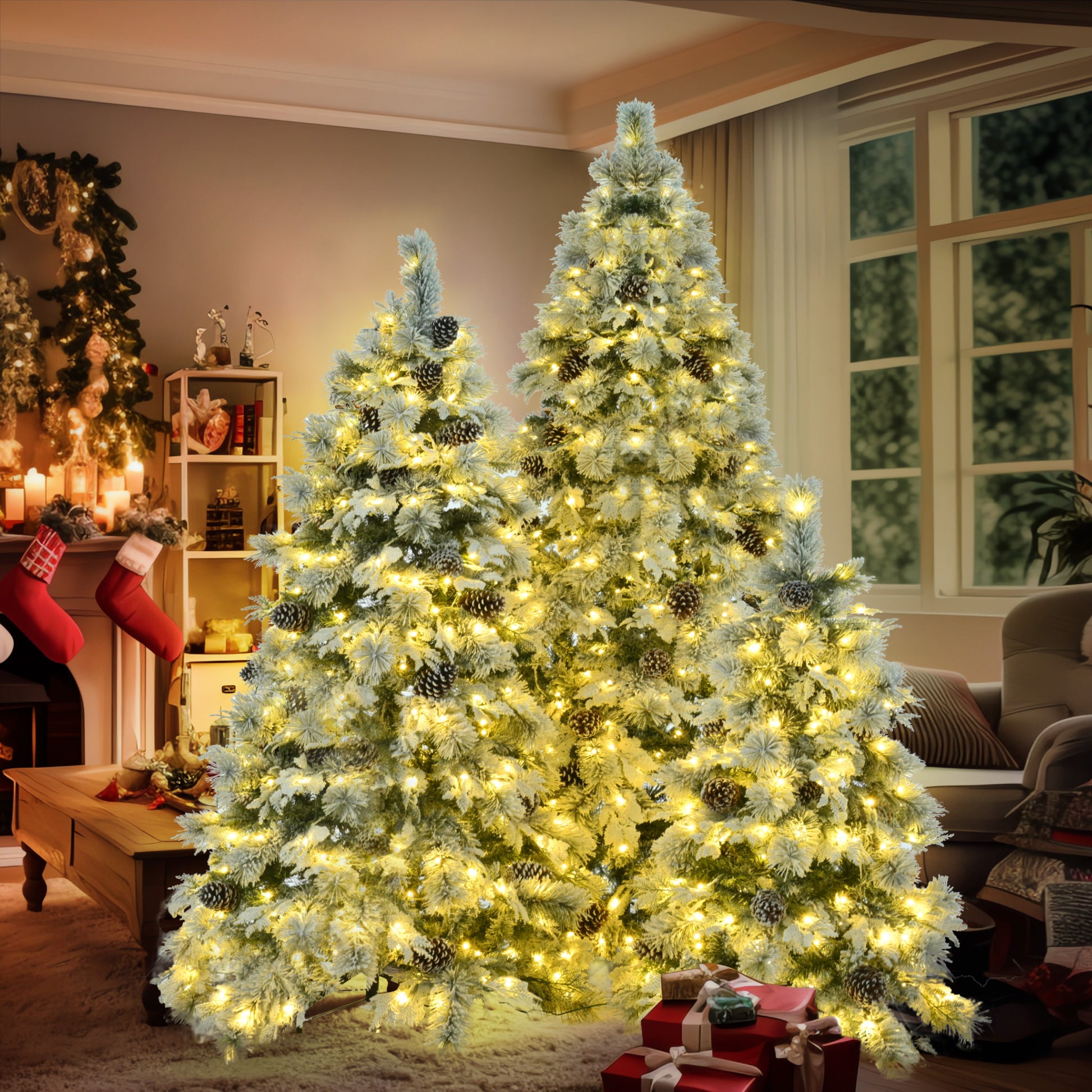 Pre Lit Spruce Snow Flocked Xmas Tree Set 4Ft, 6Ft, 7.5Ft With Pine Cones, Pe & Pvc Mixed Leaves, Artificial Hinged Xmas Tree With 820 Led Lights & 11 Flashing Modes, Perfect For Holiday Decoration White Green Polyethylene,Pvc