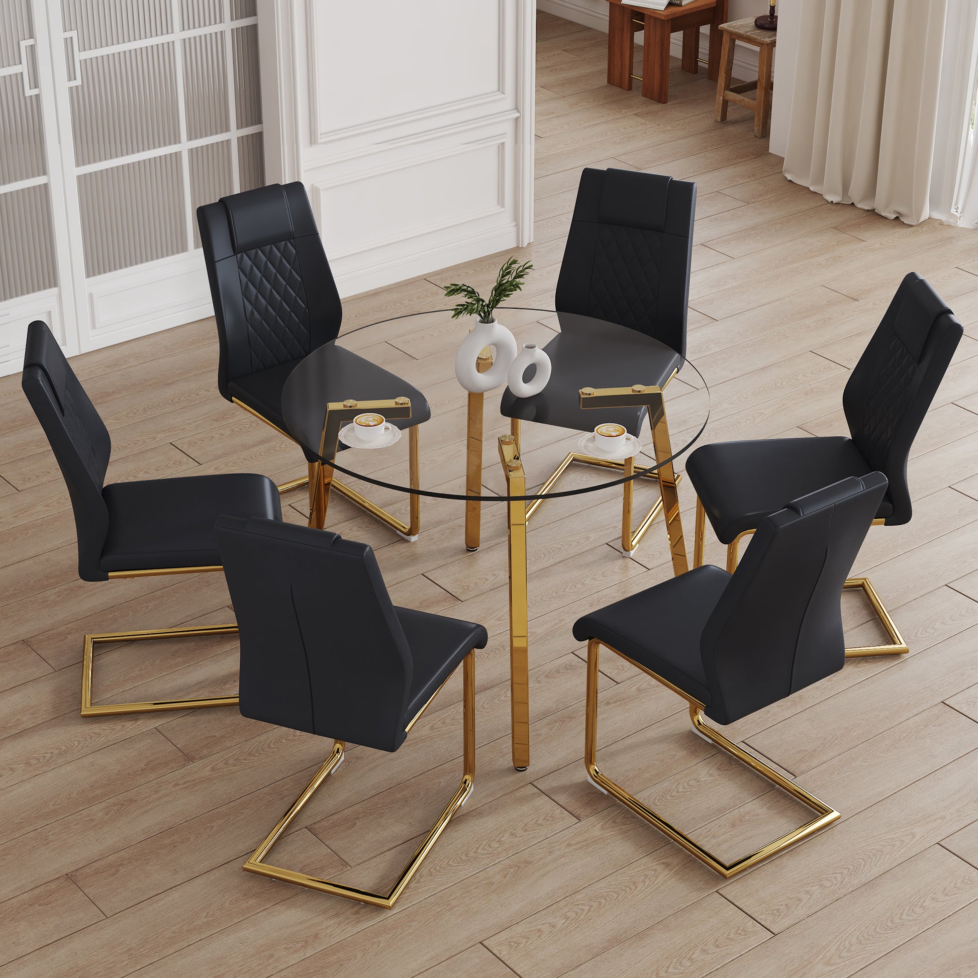 Table And Chair Set.A Modern Minimalist Style Round Clear Tempered Glass Table With Metal Legs.Paried With Black Chairs With Modern Pu Leather High Back Upholstered And C Tube Golden Legs. Transparent Seats 6 Glass