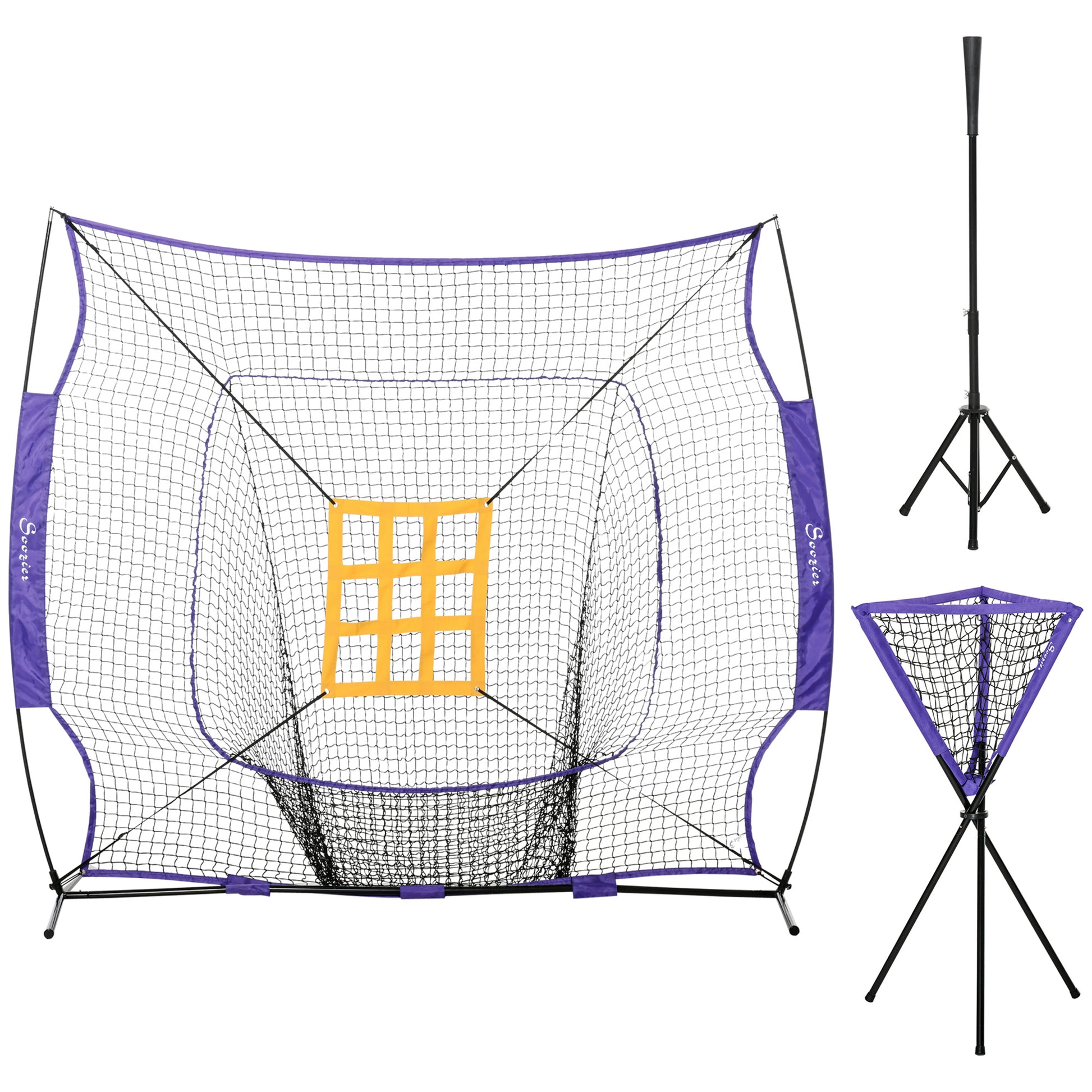 Soozier Baseball Practice Net Set With 7.5X7Ft Catcher Net, Ball Caddy And Batting Tee, Portable Baseball Practice Equipment With Carry Bag For Hitting, Pitching, Batting, Catching, Purple Purple Steel