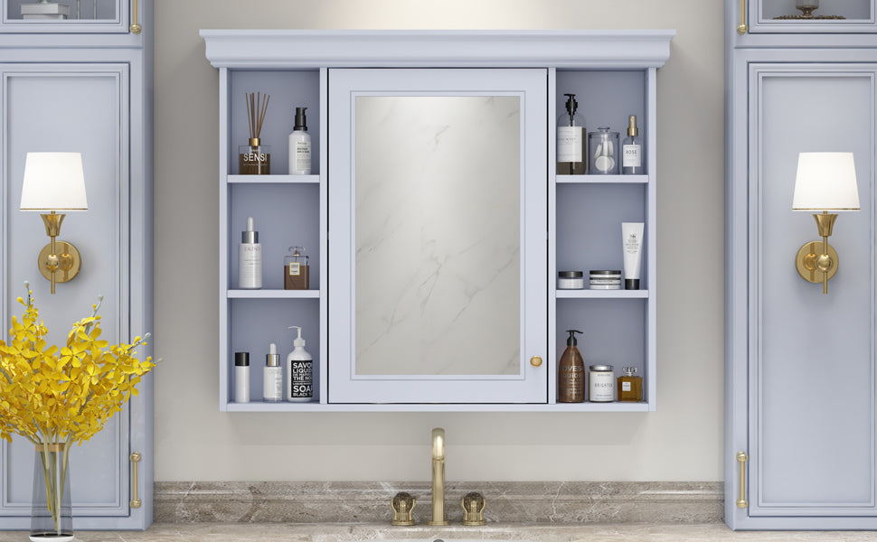 35'' X 28'' Blue Wall Mounted Bathroom Storage Cabinet With Mirror Door, Modern Bathroom Wall Cabinet With Mirror, Medicine Cabinet With 6 Open Shelves Blue 1 Adjustable Shelves Wall Mounted Luxury Mdf Glass Painted