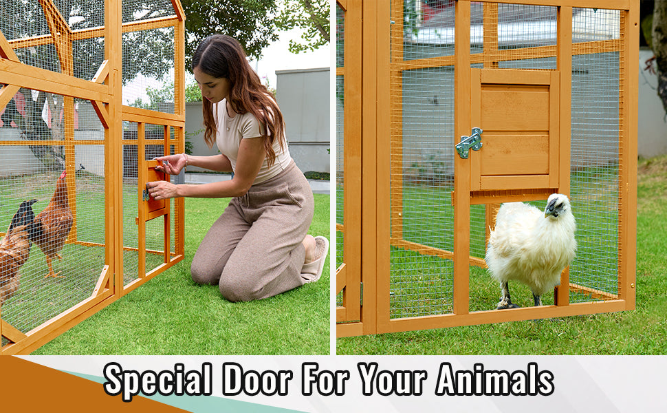 Wooden Chicken Coop 111'' 74'' 72'' Large Kitten Playpen, Chicken Run With Waterproof Cover And Two Small Doors, Pet Playpen Exercise Pen For Rabbit Duck Cat Yellow Metal & Wood