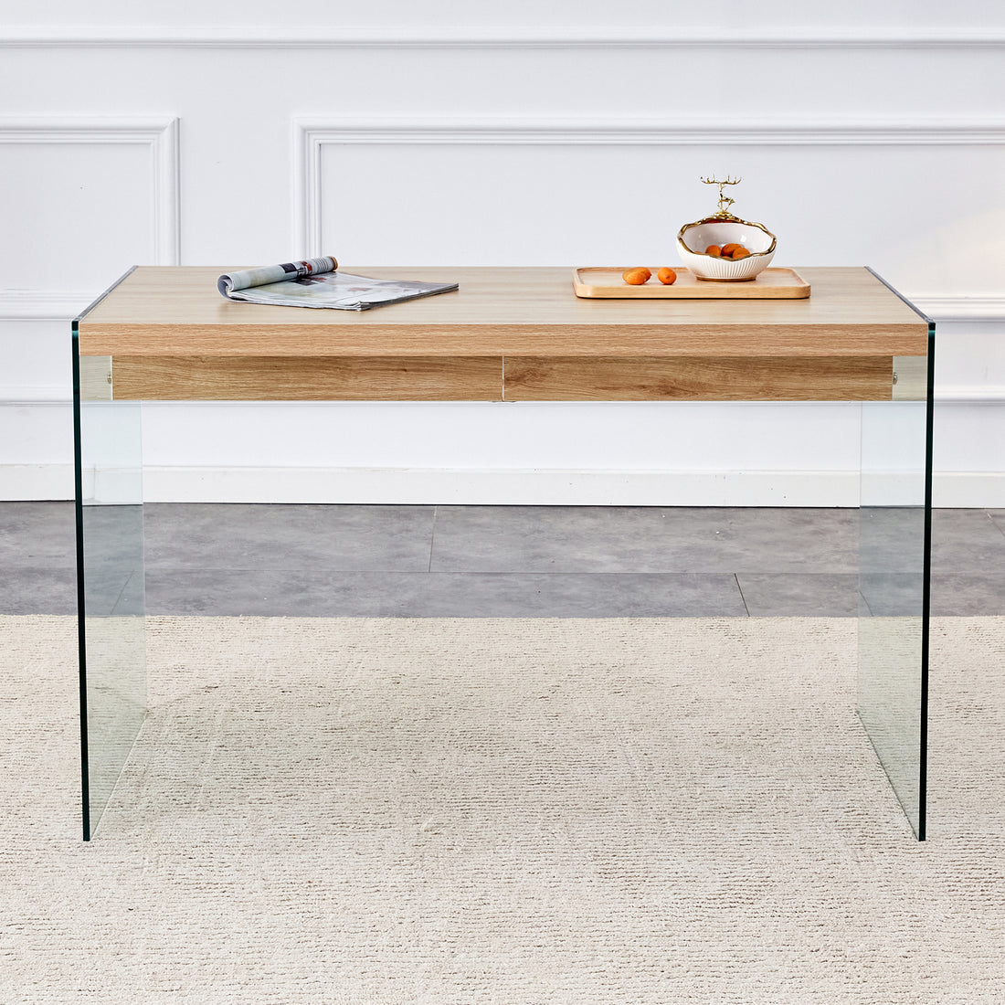 The Top Of The Coffee Table Is Made Of Medium Density Fiberboard And Wooden Stickers, With Transparent Tempered Glass On Both Sides. The Design Is Simple And Elegant, With A Sturdy Structure. Wood Mdf Glass