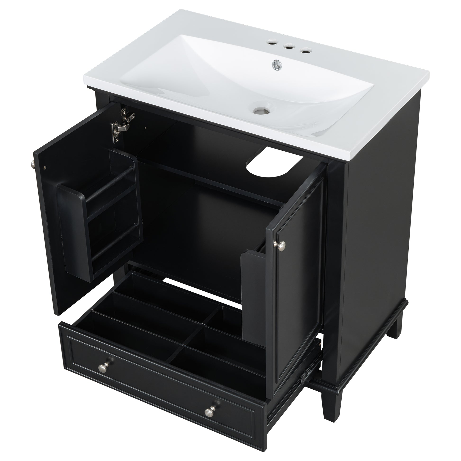 30" Bathroom Vanity With Sink Combo, Multi Functional Bathroom Cabinet With Doors And Drawer, Solid Frame And Mdf Board, Black Black Solid Wood Mdf