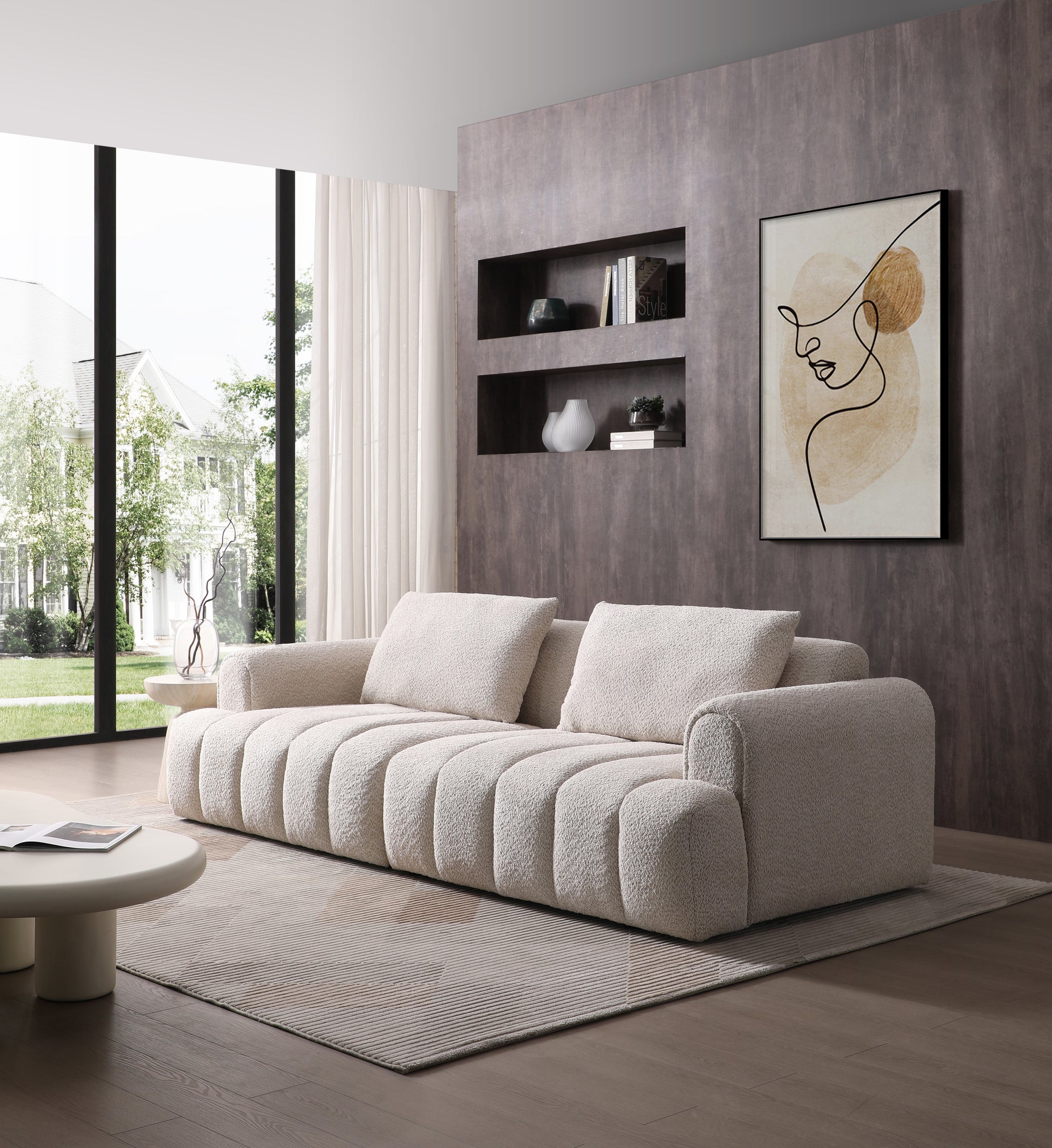 Modern Sectional Sofa, 4 Seater, Granular Fleece Velvet Upholstered Sofa Couch For Living Room Apartment Small Space, Beige Beige Polyester Wood Primary Living Space Medium Soft Cushion Back Modern Eucalyptus Foam Solid Wood 4 Seat