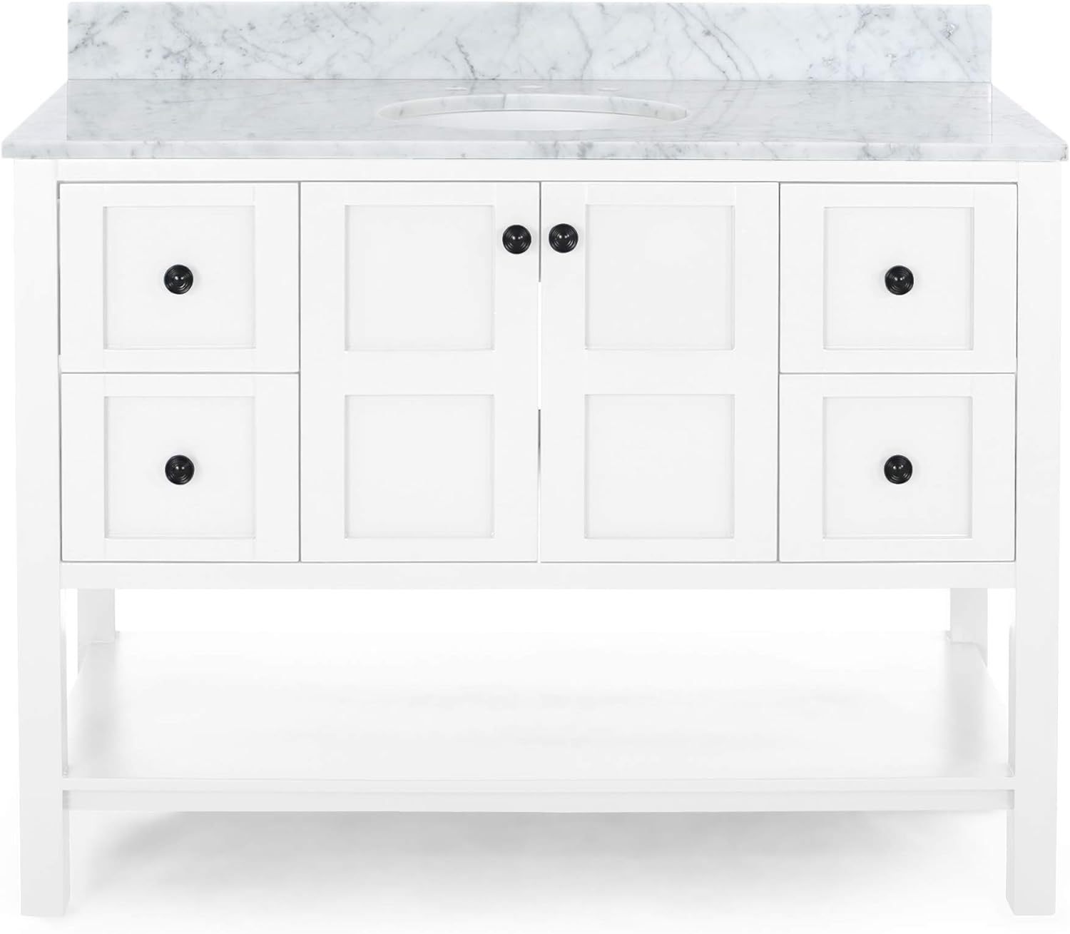 49'' Bathroom Vanity With Marble Top & Ceramic Sink, Two Doors, 4 Drawers, Open Shelf, White White Acacia Wood