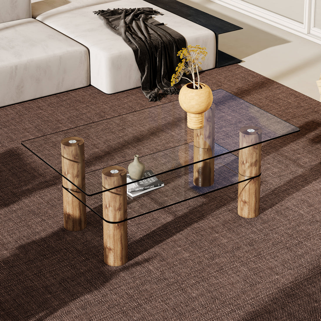 Modern Minimalist Double Layer Transparent Tempered Glass Coffee Table And Coffee Table, Paired With Wooden Mdf Decorative Columns. Computer Desk. Game Table. Ct X02 Transparent Glass