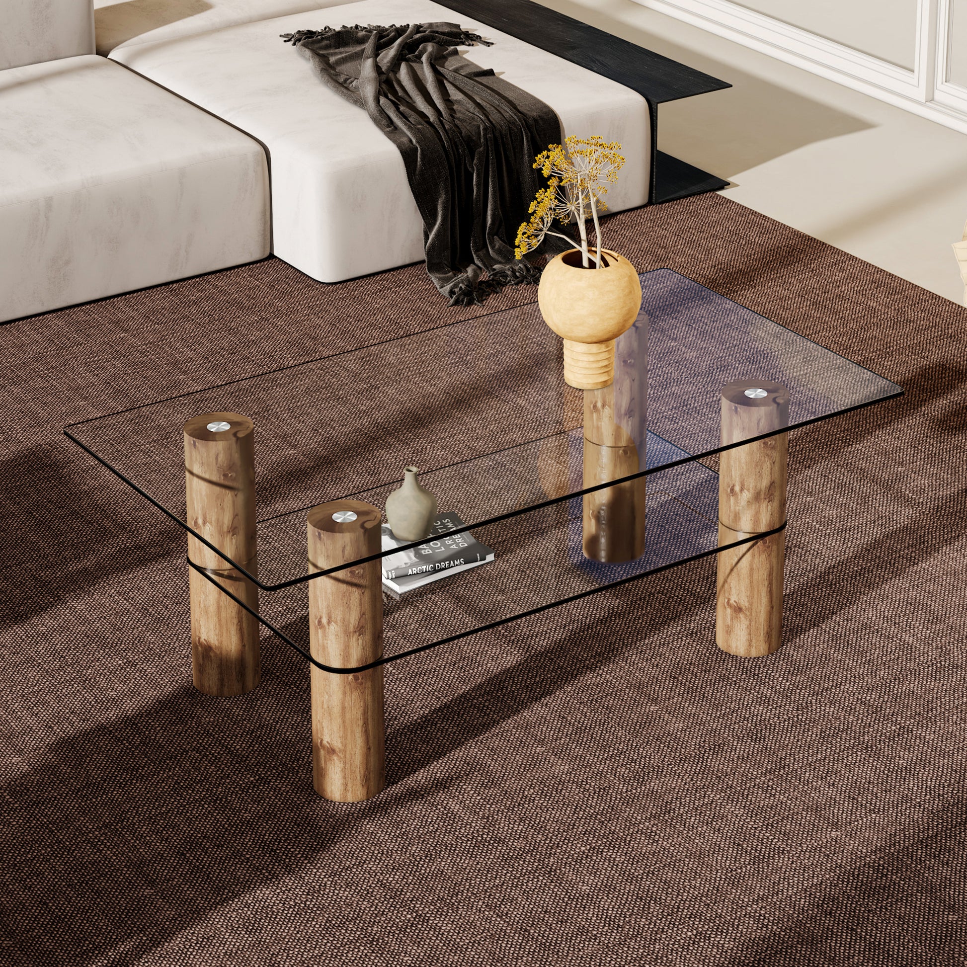 Modern Minimalist Double Layer Transparent Tempered Glass Coffee Table And Coffee Table, Paired With Wooden Mdf Decorative Columns. Computer Desk. Game Table. Ct X02 Transparent Glass