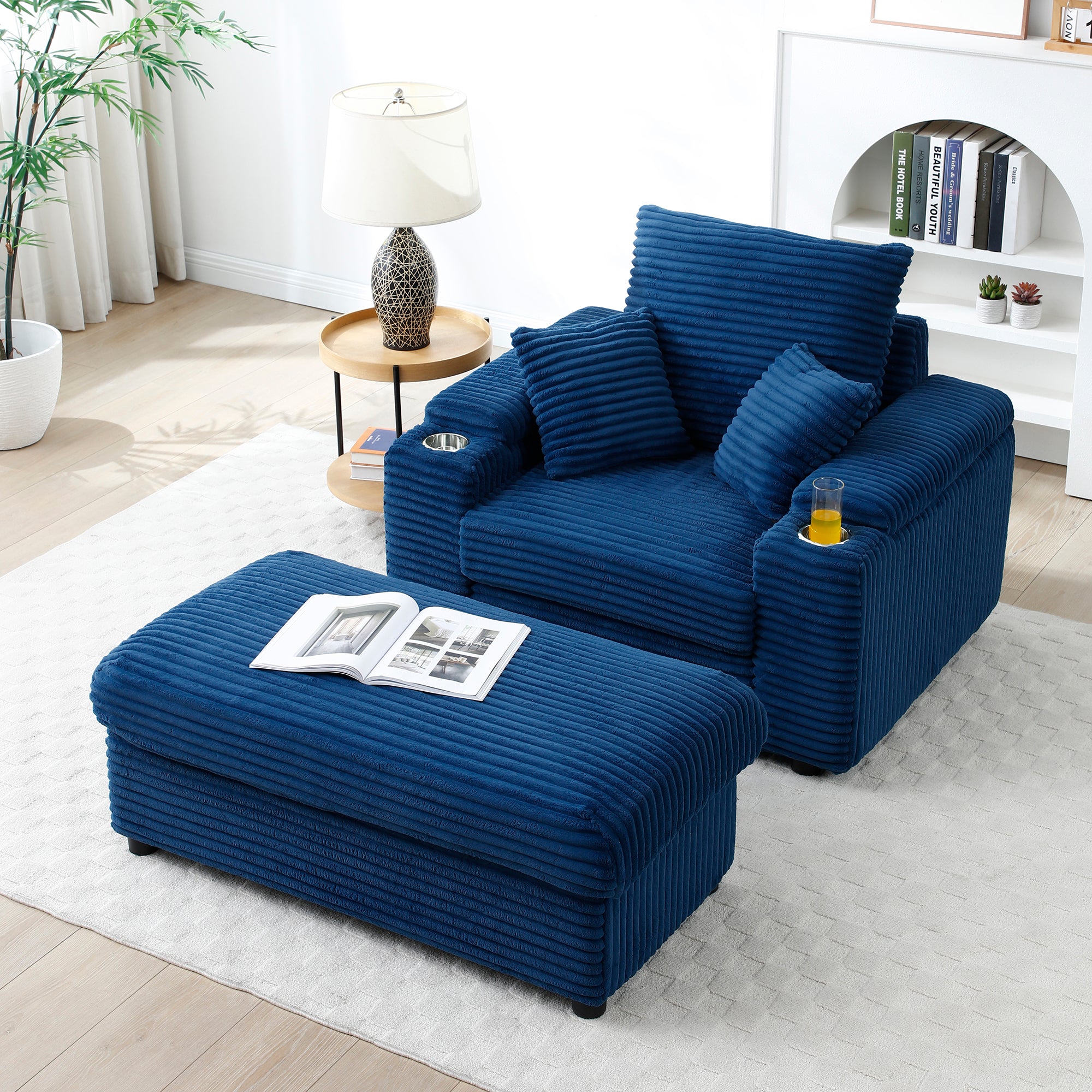 Oversized Accent Chair With Ottoman, Single Sofa Chair With Large Seat And Extra Wide Armrests, Modern Comfy Armchair Reading Chairs For Bedroom Living Room,Blue Blue Fabric 1 Seat