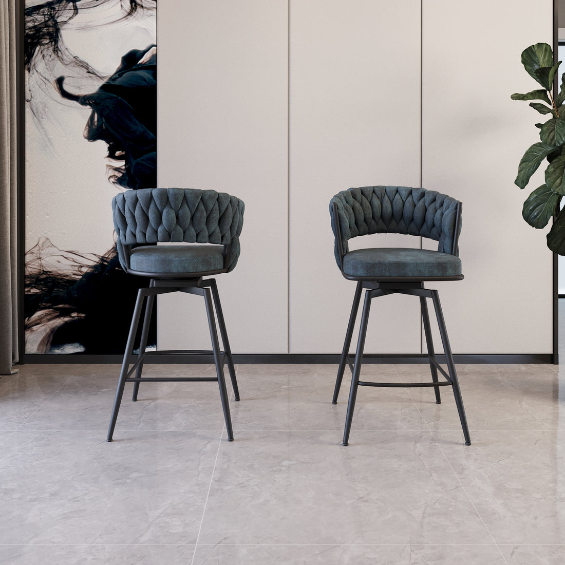 Bar Chair Suede Woven Bar Stool Set Of 2,Black Legs Barstools No Adjustable Kitchen Island Chairs,360 Swivel Bar Stools Upholstered Bar Chair Counter Stool Arm Chairs With Back Footrest, Blue Metal Blue Kitchen Dining Chairs Foam Technical Leather