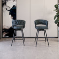 Bar Chair Suede Woven Bar Stool Set Of 2,Black Legs Barstools No Adjustable Kitchen Island Chairs,360 Swivel Bar Stools Upholstered Bar Chair Counter Stool Arm Chairs With Back Footrest, Blue Metal Blue Kitchen Dining Chairs Foam Technical Leather