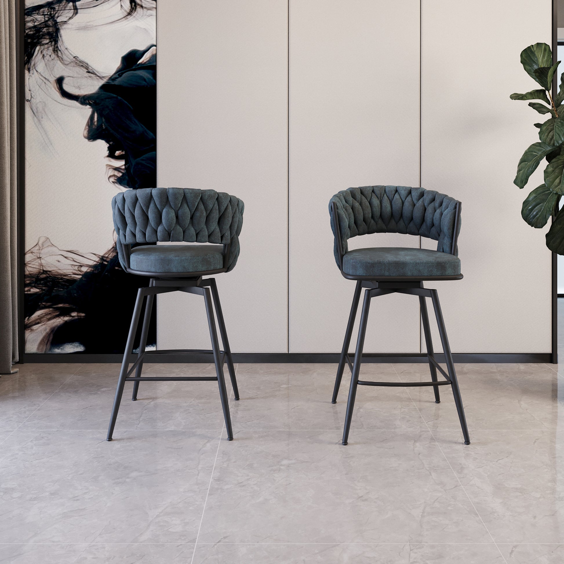 Bar Chair Suede Woven Bar Stool Set Of 2,Black Legs Barstools No Adjustable Kitchen Island Chairs,360 Swivel Bar Stools Upholstered Bar Chair Counter Stool Arm Chairs With Back Footrest, Blue Metal Blue Kitchen Dining Chairs Foam Technical Leather