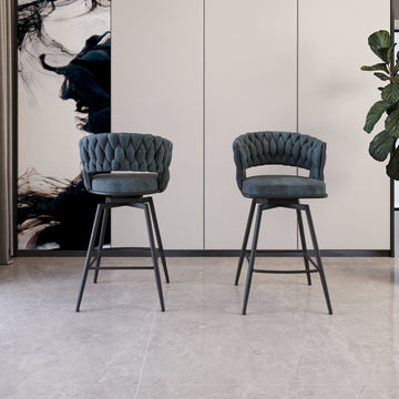 Bar Chair Suede Woven Bar Stool Set Of 2,Black Legs Barstools No Adjustable Kitchen Island Chairs,360 Swivel Bar Stools Upholstered Bar Chair Counter Stool Arm Chairs With Back Footrest, Blue Metal Blue Kitchen Dining Chairs Foam Technical Leather