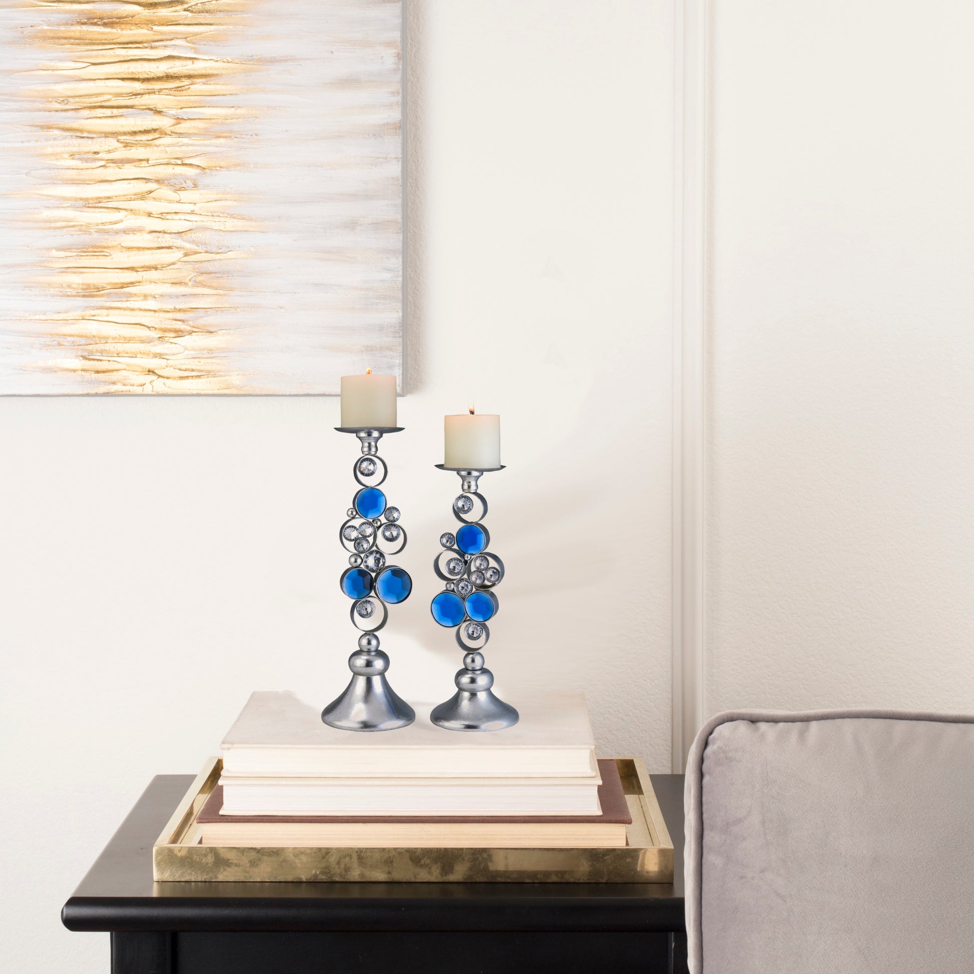 14" And 16" Tall Polyresin" Dazzle" Candleholder, Silver Finish Set Of 2 Multicolor Polyresin