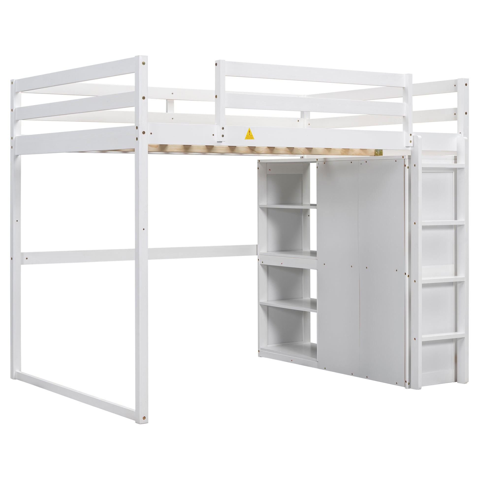 Wood Full Size Loft Bed With Built In Wardrobe And Storage Shelves, Led Light, White Box Spring Not Required Full White Wood Bedroom Bed Frame Solid Wood Mdf