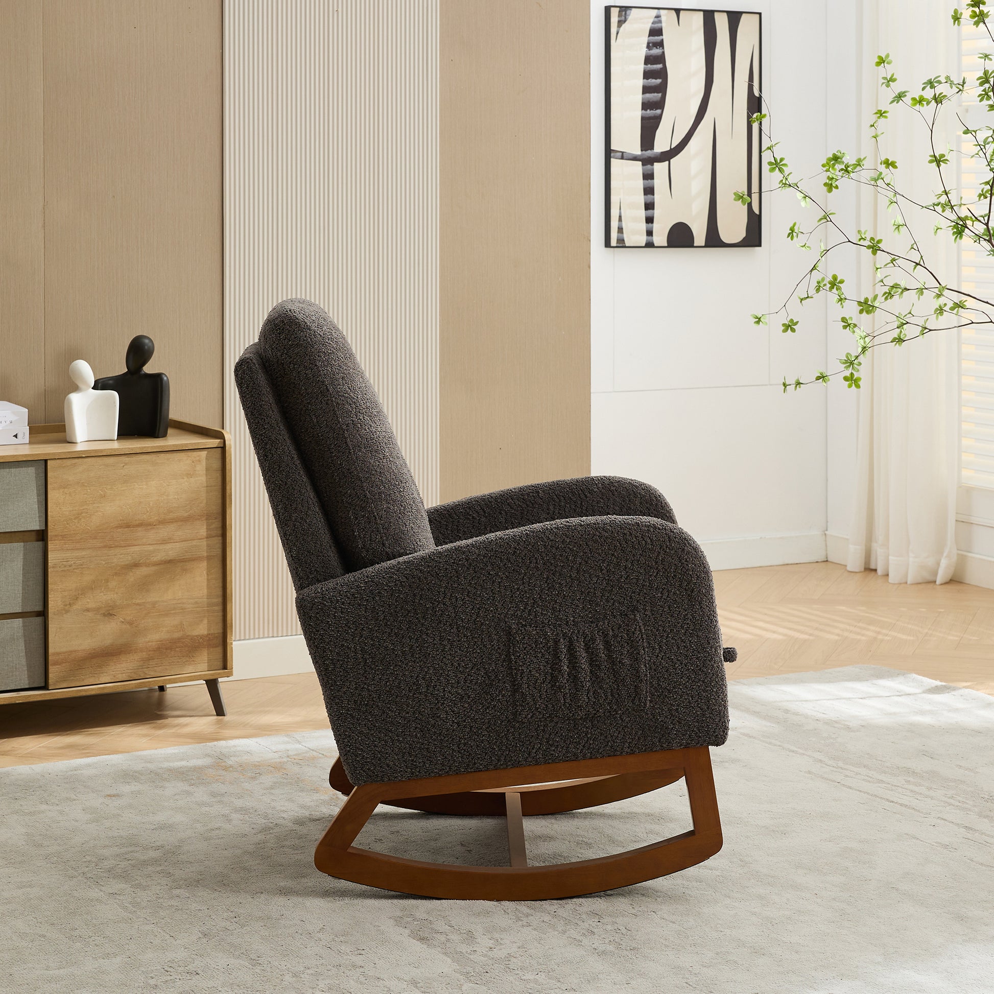 25.4"W Rocking Chair For Nursery, High Back Glider Chair With Retractable Footrest, Side Pocket, Rocking Accent Armchair With Rubber Wood Legs For Living Room Bedroom.Charcoal Charcoal Boucle