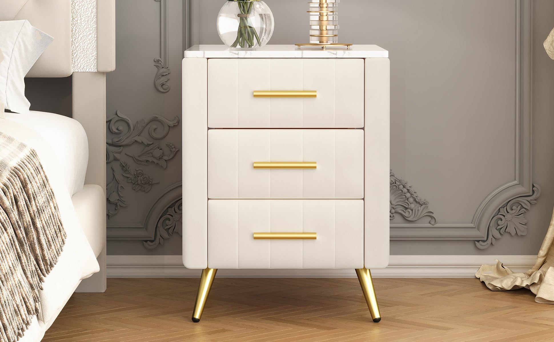 Upholstered Wooden Nightstand With 3 Drawers And Metal Legs&Handles, Bedside Table With Marbling Stickers Worktop Beige Beige Velvet