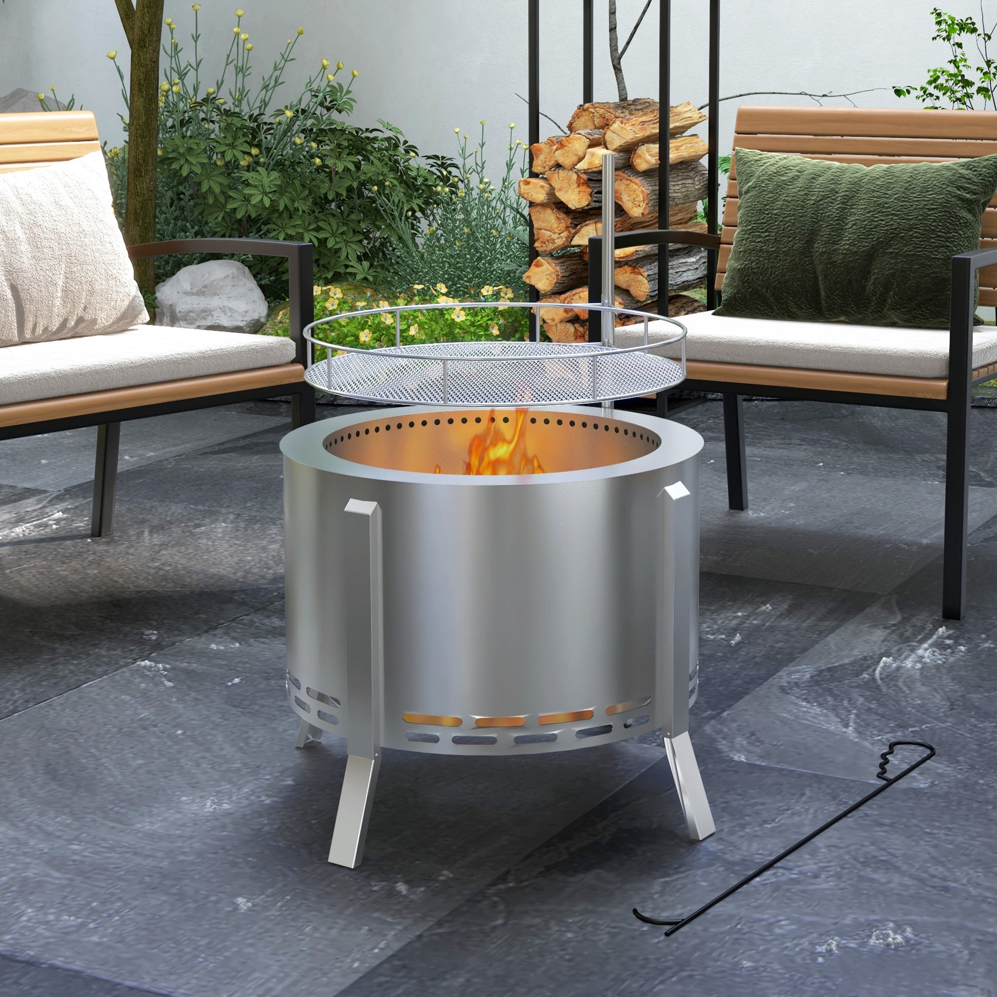 Outsunny 2 In 1 Smokeless Fire Pit, Bbq Grill, 19" Portable Wood Burning Firepit With Cooking Grate And Poker, Low Smoke Camping Bonfire Stove For Backyard Patio Picnic, Stainless Steel, Silver Silver Stainless Steel
