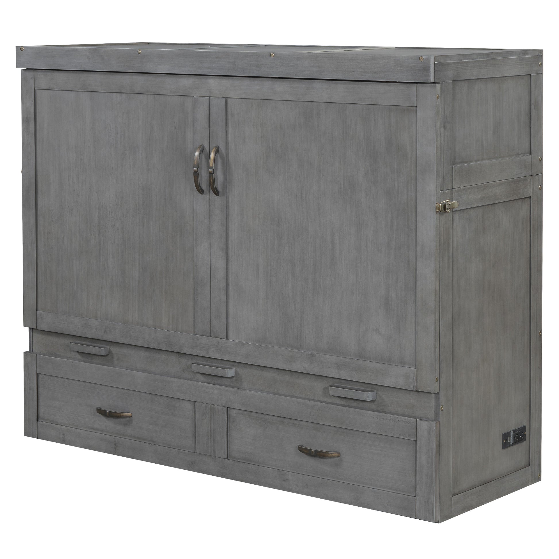 Queen Size Murphy Bed With Usb Ports, Large Drawers And Metal Handles, Antique Grey Queen Gray Solid Wood Mdf