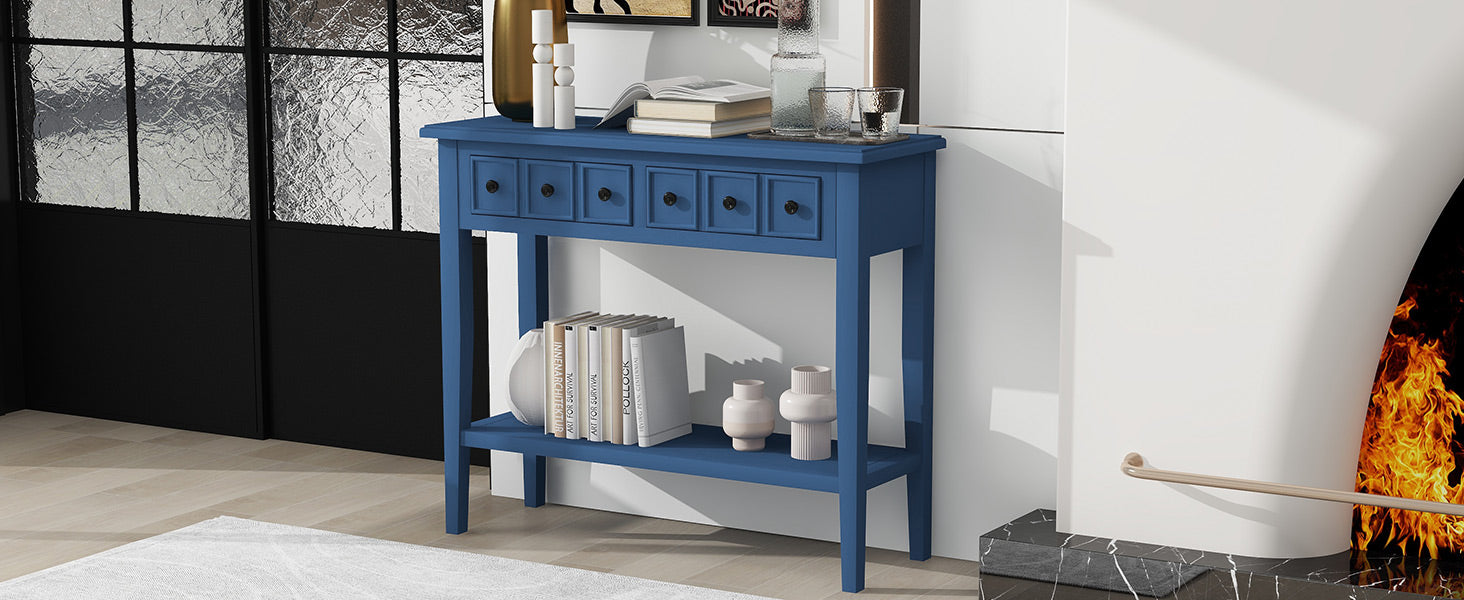 Entryway Table With 2 Drawers, Rustic Console Table With Open Shelf And Rubber Wood Legs For Entryways, Living Rooms, And Hallways Navy Navy Mdf,Rubber Wood