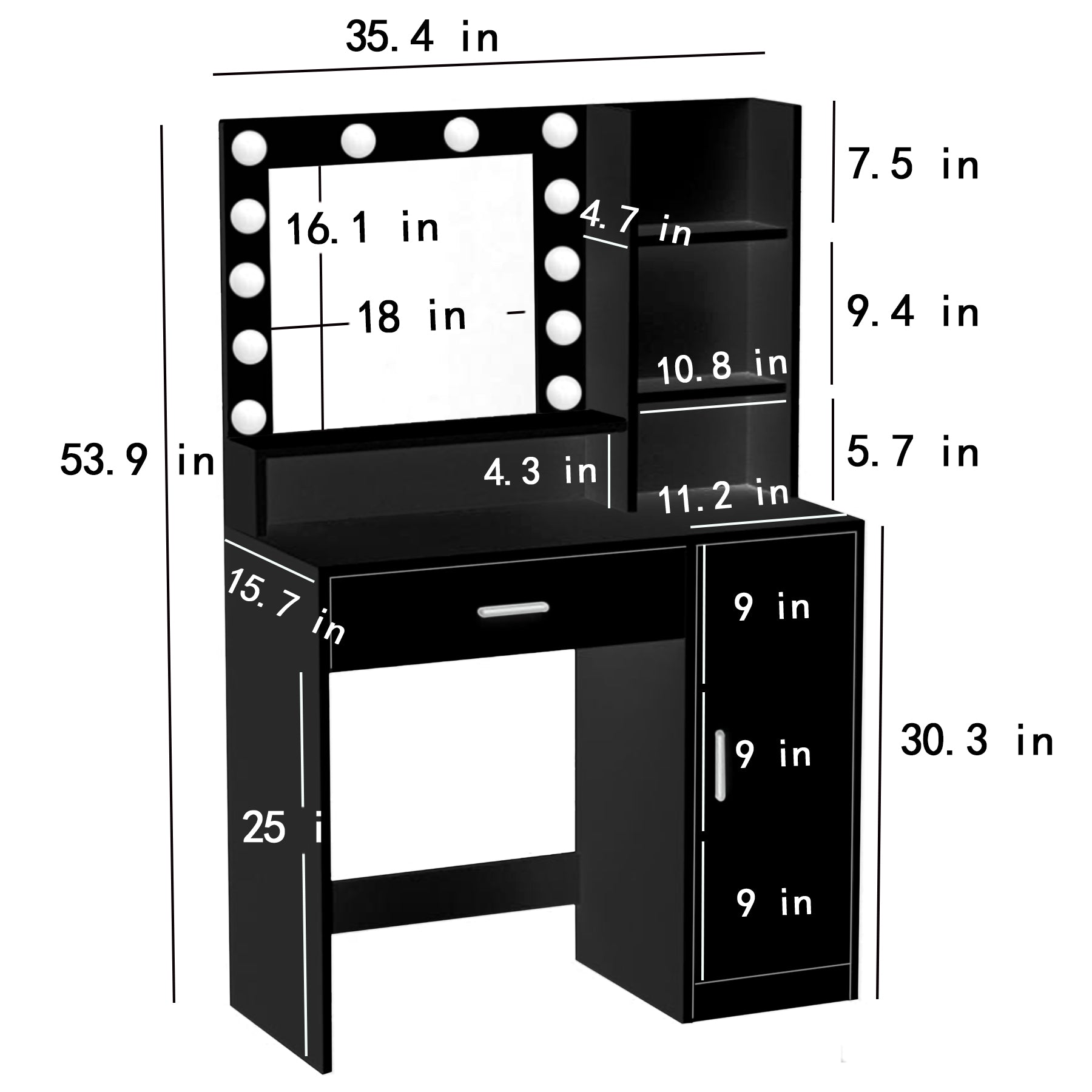 Vanity Desk With Mirror & Light, Large Drawer Three Level Storage Dresser, 3 Lighting Modes Adjustable Brightness, Bedroom Dressing Table Black Black Particle Board