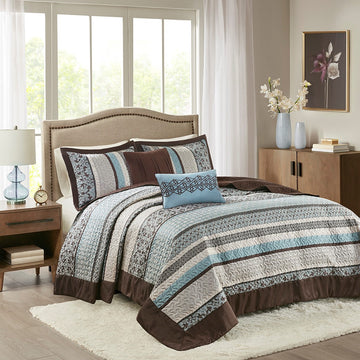 5 Piece Jacquard Quilt Set With Throw Pillows Blue Full Queen Full Blue Cotton