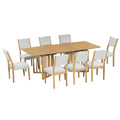 Farmhouse 9 Piece 83.9Inch Extendable Dining Table Set With 2 12 Inch Removable Leaves And 8 Upholstered Dining Chairs, Natural Wood Dining Room Solid Wood Rubberwood Rectangular Dining Table With Chair Upholstered Chair Wood Natural Seats 8 Removable