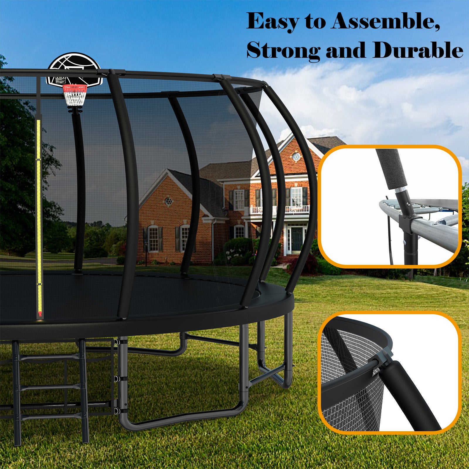 16Ft Outdoor Trampoline For Kids And Adults, Pumpkin Trampolines With Curved Poles,Heavy Duty Trampoline Anti Rust Coating Astm Approval Black Steel