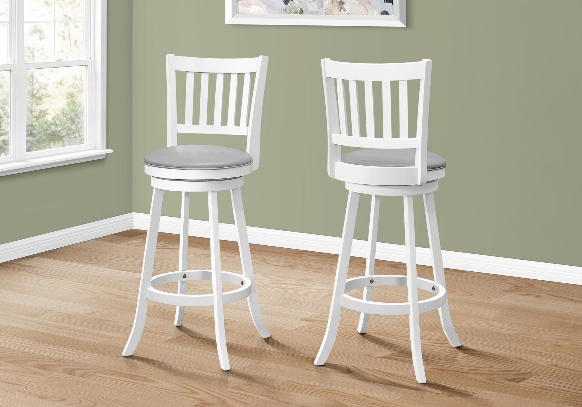 Bar Stool, Set Of 2, Swivel, Bar Height, White Wood, Grey Leather Look, Transitional White Foam Solid Wood