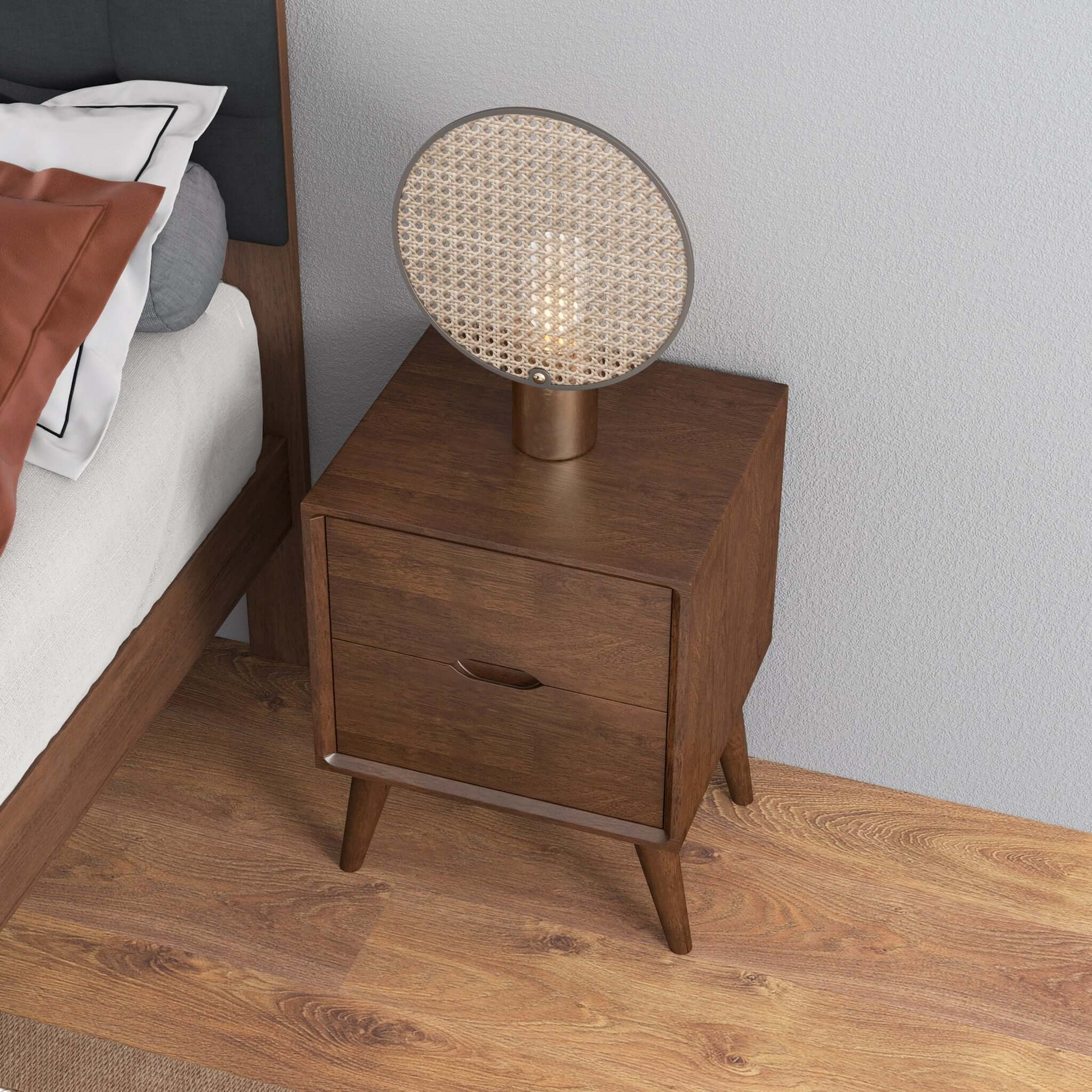 Alexandra Brown Night Stand With 2 Drawers Walnut Brown Brown 2 Drawers Bedroom Bedside Cabinet Walnut Solid Wood Walnut Finish Solid Wood